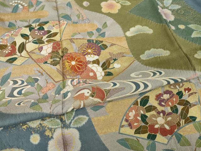 平和屋着物●訪問着　友禅　絞り　流水鴛鴦地紙花文　金彩　正絹　逸品　AABI2467ck