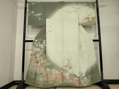 平和屋着物●訪問着　友禅　片輪車枝花文　暈し染め　金彩　正絹　逸品　AABI2468ck