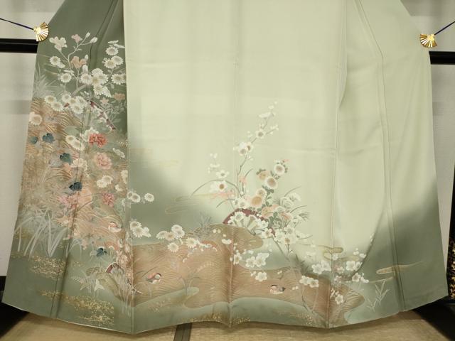 平和屋着物●訪問着　友禅　片輪車枝花文　暈し染め　金彩　正絹　逸品　AABI2468ck