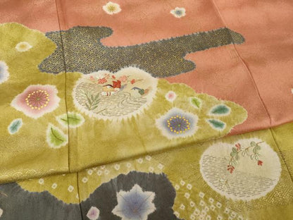 平和屋着物●訪問着　絞り　刺繍　鴛鴦吉祥花文　金彩　正絹　逸品　AABI2469ck