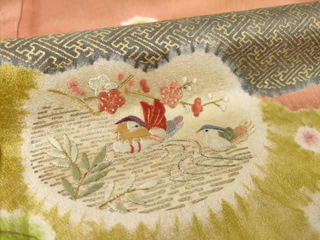 平和屋着物●訪問着　絞り　刺繍　鴛鴦吉祥花文　金彩　正絹　逸品　AABI2469ck