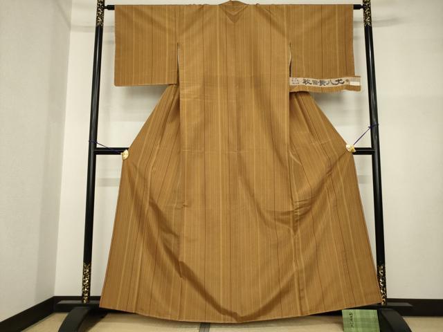平和屋着物●秋田黄八丈　紬　草木染　縞　正絹　逸品　未使用　AABI2471ck