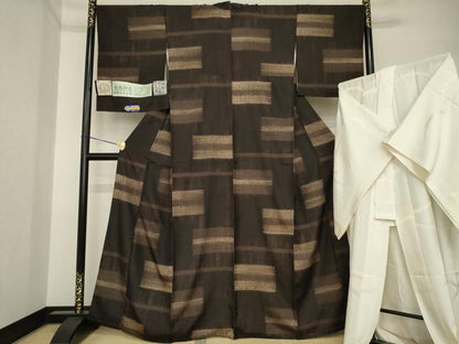 平和屋着物●桐生織　風通御召　長襦袢(無双仕立て)セット　絞り　段違い文様　絲都のそよ風工房　正絹　逸品　AABI2472ck