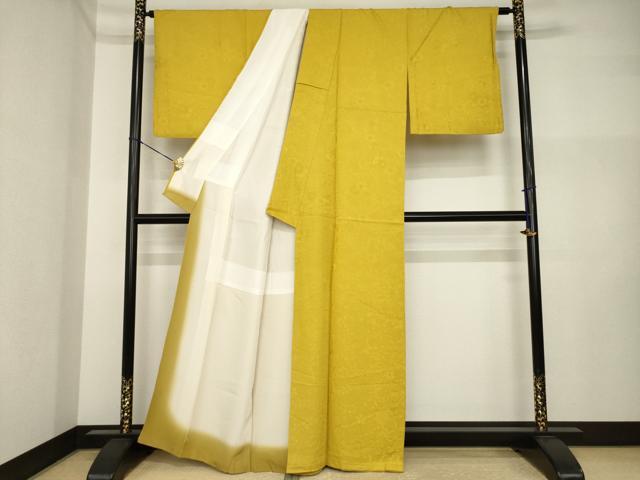 平和屋着物●上質な色無地　辻が花地紋　山吹茶色　正絹　逸品　AABI2473ck