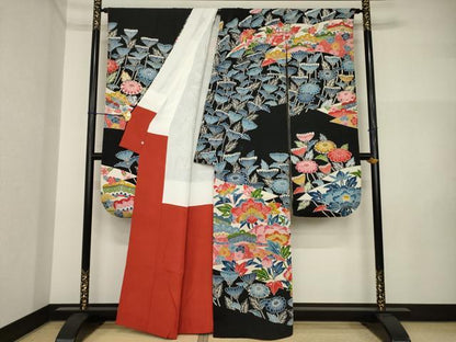 平和屋着物●豪華振袖　紅型　草花文　黒地　鬼しぼ縮緬　鈴乃屋扱い　正絹　逸品　AABI2477ck