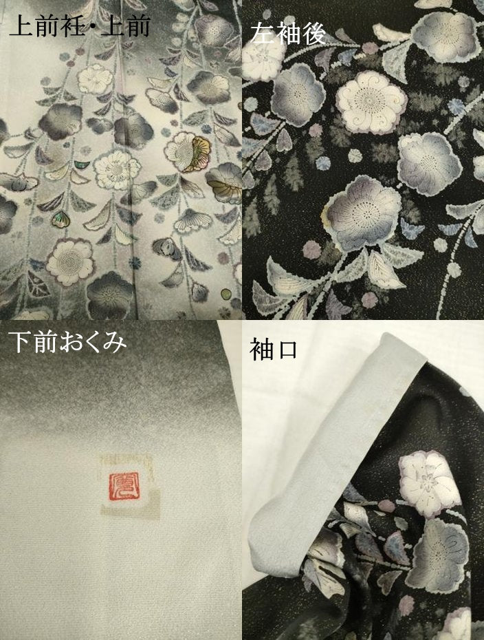 平和屋着物●訪問着　作家物　辻が花　螺鈿　暈し染め　黒地　金通し地　正絹　逸品　AABI2479ck