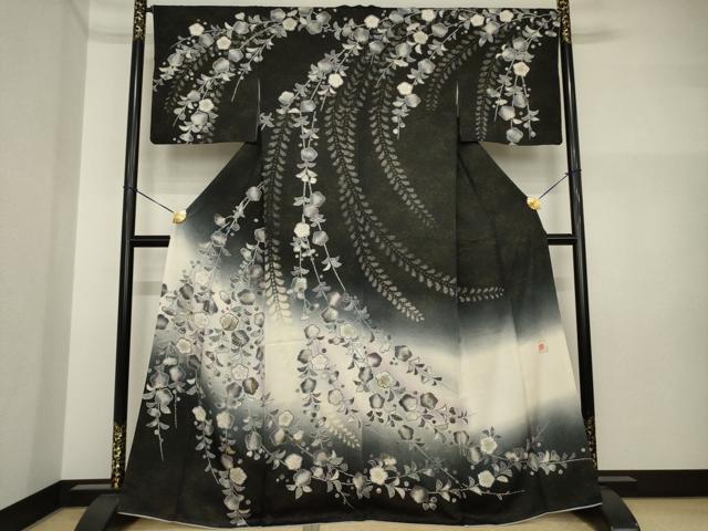 平和屋着物●訪問着　作家物　辻が花　螺鈿　暈し染め　黒地　金通し地　正絹　逸品　AABI2479ck