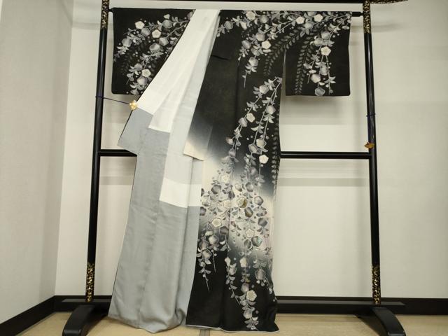 平和屋着物●訪問着　作家物　辻が花　螺鈿　暈し染め　黒地　金通し地　正絹　逸品　AABI2479ck