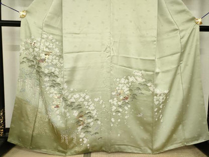 平和屋着物●豪華色留袖　友禅　吉祥飛鶴花文　松　金彩　正絹　逸品　AABI2480ck