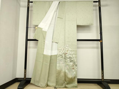 平和屋着物●豪華色留袖　友禅　吉祥飛鶴花文　松　金彩　正絹　逸品　AABI2480ck