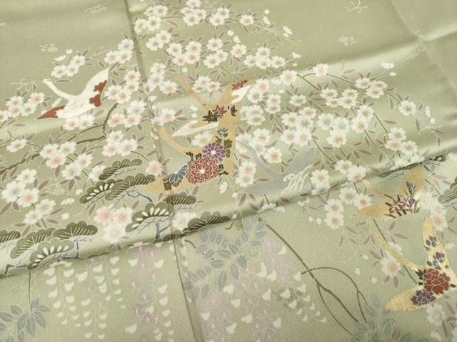 平和屋着物●豪華色留袖　友禅　吉祥飛鶴花文　松　金彩　正絹　逸品　AABI2480ck