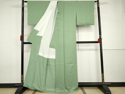 平和屋着物●上質な色無地　舞花地紋　若緑色　正絹　逸品　AABI2482cs