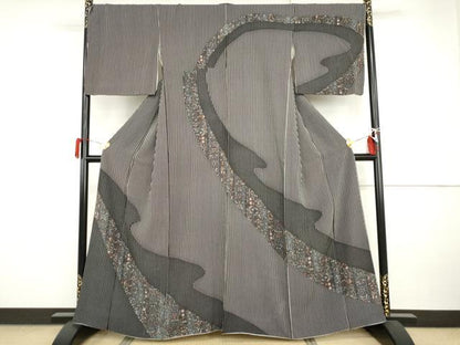 平和屋着物●訪問着　更紗花文　黒地　正絹　逸品　AABI2483cs