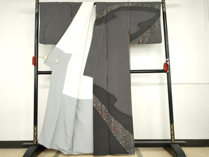 平和屋着物●訪問着　更紗花文　黒地　正絹　逸品　AABI2483cs