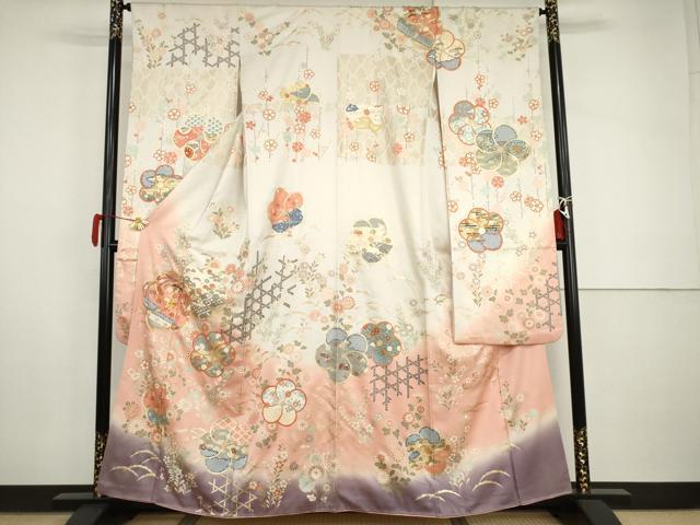 平和屋着物●豪華振袖　駒刺繍　雪芝にねじ梅　暈し染め　金彩　正絹　逸品　AABI2490cs