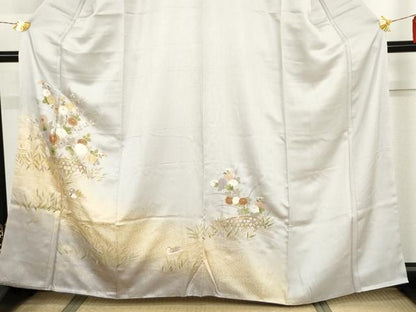 平和屋着物●訪問着　鴛鴦草花文　暈し染め　金彩　正絹　逸品　未使用　AABI2491cs