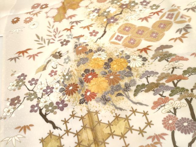 平和屋着物●訪問着　駒刺繍　松竹梅飛鶴文　金彩　正絹　逸品　未使用　AABI2494cs