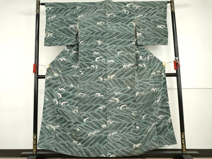 平和屋着物●上質な小紋　ろうけつ染め　立波文　鬼しぼ縮緬　正絹　逸品　AABI2496cs