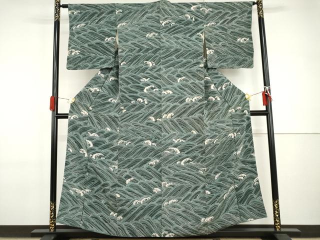 平和屋着物●上質な小紋　ろうけつ染め　立波文　鬼しぼ縮緬　正絹　逸品　AABI2496cs