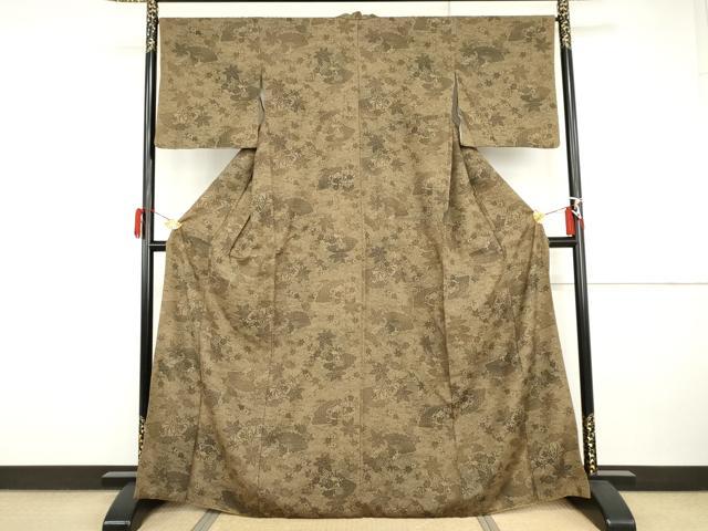 平和屋着物●上質な小紋　紬地　型染め　扇面流水花文　正絹　逸品　AABI2504cs