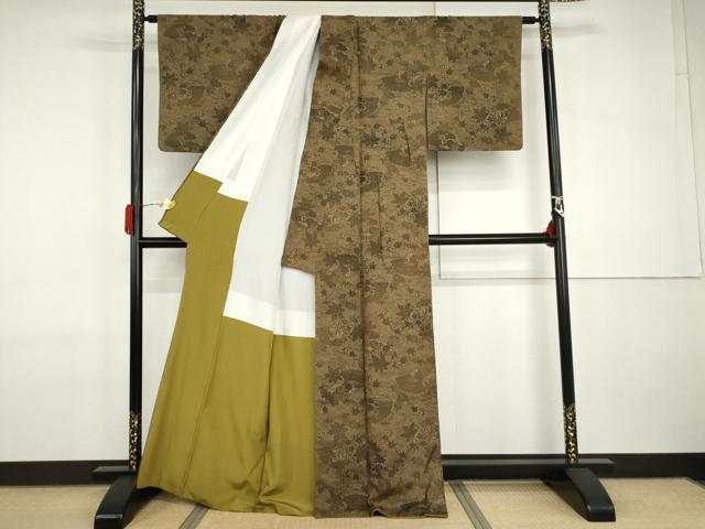 平和屋着物●上質な小紋　紬地　型染め　扇面流水花文　正絹　逸品　AABI2504cs
