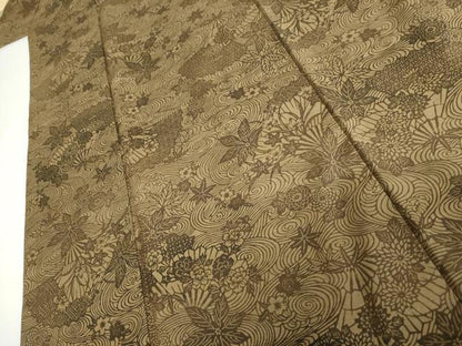 平和屋着物●上質な小紋　紬地　型染め　扇面流水花文　正絹　逸品　AABI2504cs
