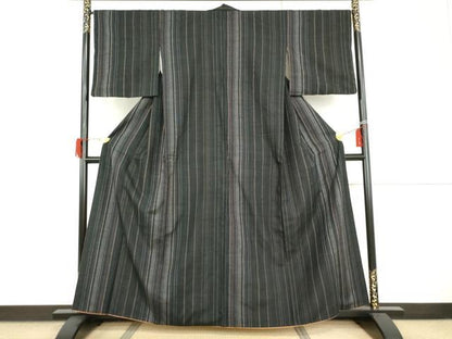 平和屋着物●上質な紬　縞　黒地　正絹　逸品　AABI2507cs