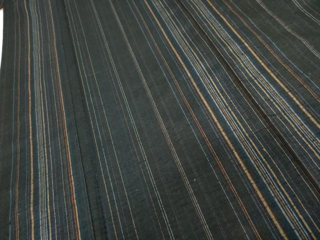 平和屋着物●上質な紬　縞　黒地　正絹　逸品　AABI2507cs
