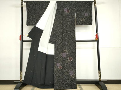 平和屋着物●訪問着　蒔糊散らし　雪輪重ね　黒地　正絹　逸品　AABI2515cs