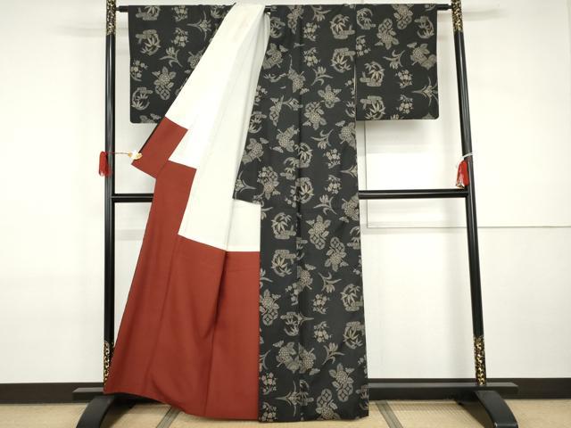 平和屋着物●本場大島紬　染大島　笹竹花丸文　黒地　正絹　逸品　AABI2518cs