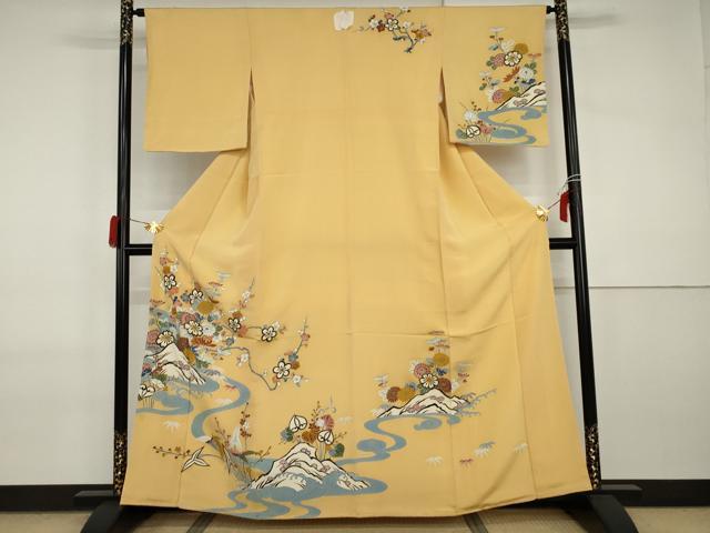 平和屋着物●訪問着　友禅　流水枝花文　鬼しぼ縮緬　正絹　逸品　AABI2529cs