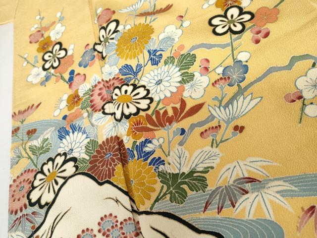 平和屋着物●訪問着　友禅　流水枝花文　鬼しぼ縮緬　正絹　逸品　AABI2529cs