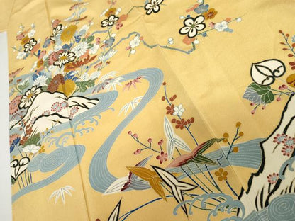 平和屋着物●訪問着　友禅　流水枝花文　鬼しぼ縮緬　正絹　逸品　AABI2529cs