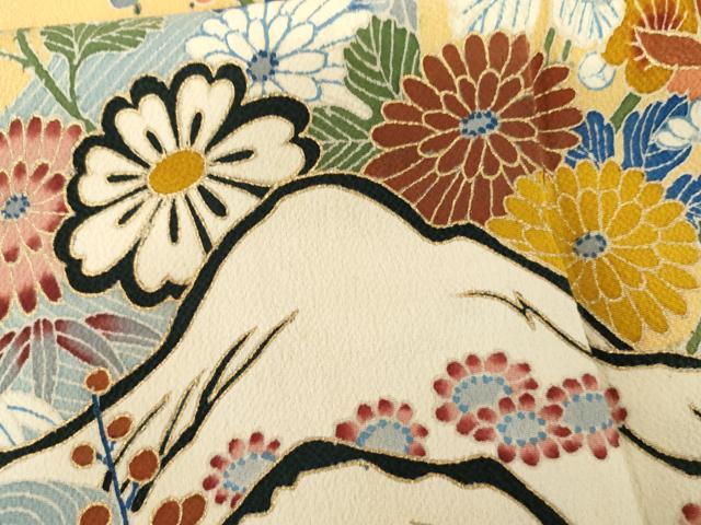 平和屋着物●訪問着　友禅　流水枝花文　鬼しぼ縮緬　正絹　逸品　AABI2529cs