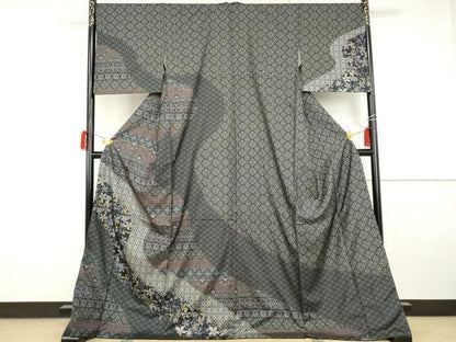 平和屋着物●本場大島紬　染大島　訪問着　吉祥花文　黒地　ロング丈　正絹　逸品　AABI2531cs
