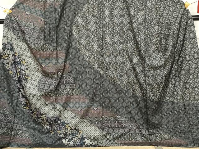 平和屋着物●本場大島紬　染大島　訪問着　吉祥花文　黒地　ロング丈　正絹　逸品　AABI2531cs
