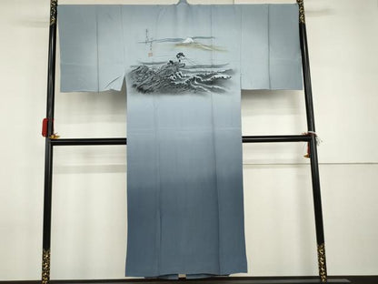 平和屋着物●男性　長襦袢　無双仕立て　手描き　冨獄三十六景　人物風景文　富士　暈し染め　正絹　逸品　AABI2534cs