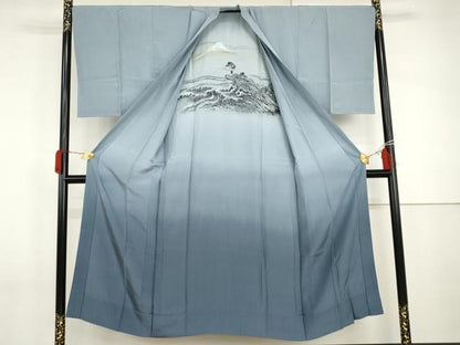 平和屋着物●男性　長襦袢　無双仕立て　手描き　冨獄三十六景　人物風景文　富士　暈し染め　正絹　逸品　AABI2534cs
