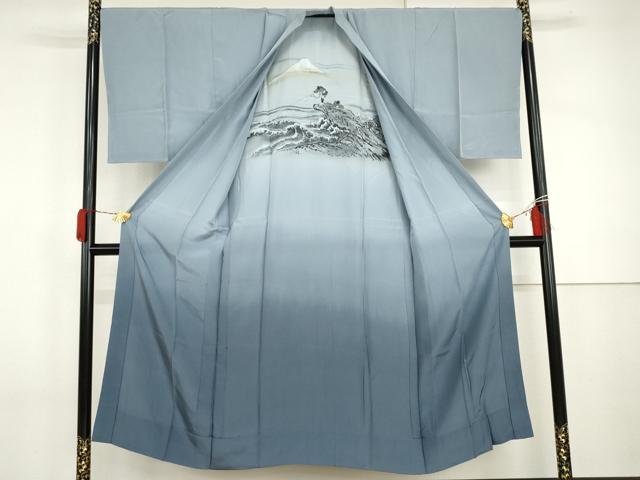 平和屋着物●男性　長襦袢　無双仕立て　手描き　冨獄三十六景　人物風景文　富士　暈し染め　正絹　逸品　AABI2534cs