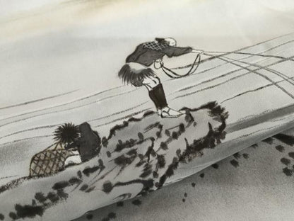 平和屋着物●男性　長襦袢　無双仕立て　手描き　冨獄三十六景　人物風景文　富士　暈し染め　正絹　逸品　AABI2534cs