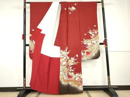 平和屋着物●豪華振袖　駒刺繍　花鼓吉祥花文　金彩　正絹　逸品　AABI2537cs