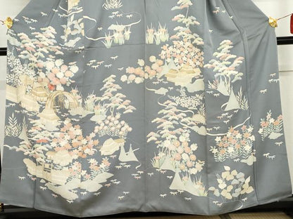 平和屋着物●訪問着　友禅　刺繍　松竹梅風景文　正絹　逸品　AABI2546cs