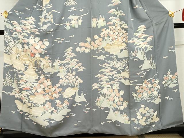 平和屋着物●訪問着　友禅　刺繍　松竹梅風景文　正絹　逸品　AABI2546cs