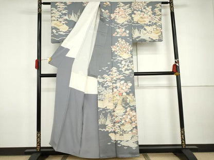 平和屋着物●訪問着　友禅　刺繍　松竹梅風景文　正絹　逸品　AABI2546cs