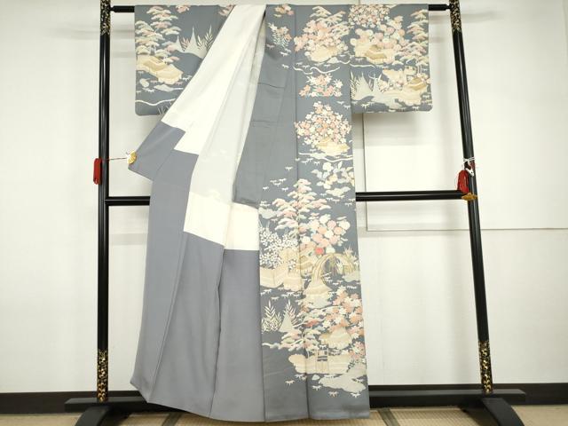 平和屋着物●訪問着　友禅　刺繍　松竹梅風景文　正絹　逸品　AABI2546cs