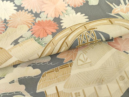 平和屋着物●訪問着　友禅　刺繍　松竹梅風景文　正絹　逸品　AABI2546cs