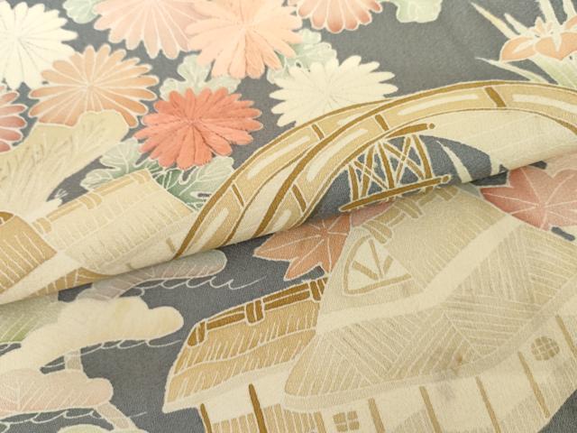 平和屋着物●訪問着　友禅　刺繍　松竹梅風景文　正絹　逸品　AABI2546cs