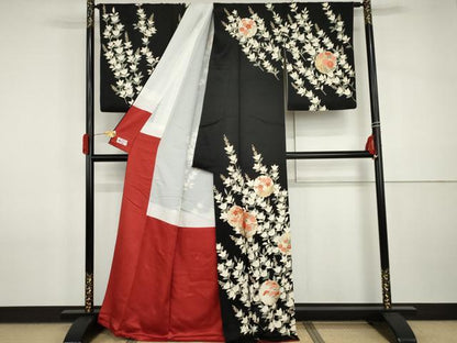 平和屋着物●訪問着　雪輪枝花文　黒地　金彩　やまと誂製　正絹　逸品　AABI2549cs
