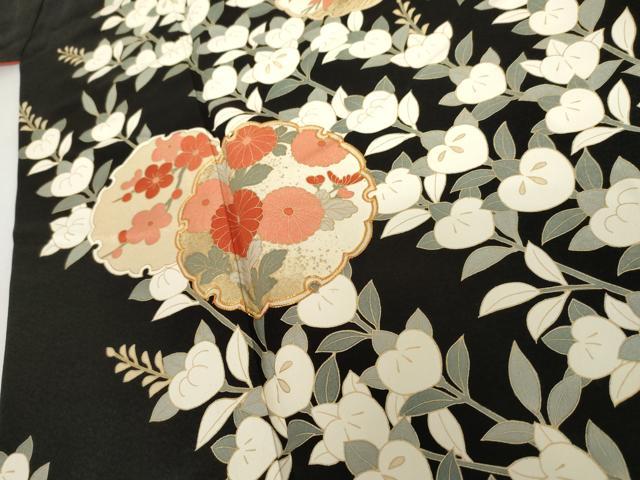 平和屋着物●訪問着　雪輪枝花文　黒地　金彩　やまと誂製　正絹　逸品　AABI2549cs