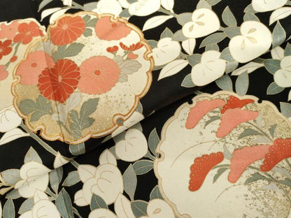 平和屋着物●訪問着　雪輪枝花文　黒地　金彩　やまと誂製　正絹　逸品　AABI2549cs